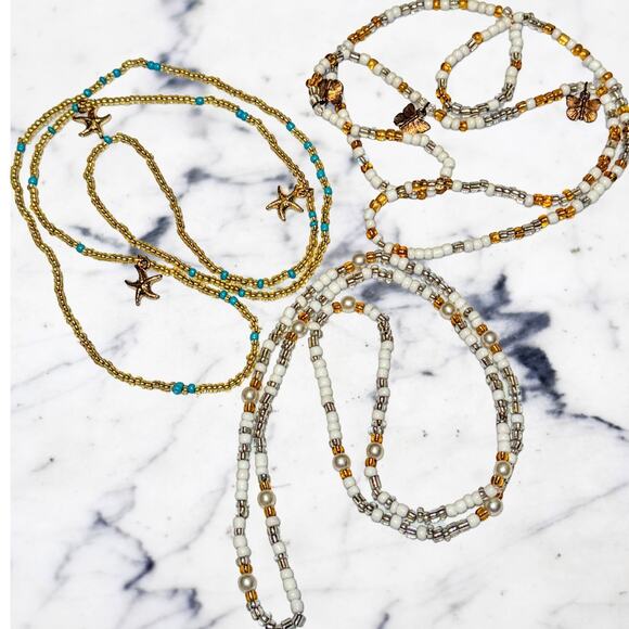 New 3pcs Stretchy Waist Beads Body Chain Elastic‎ Belly Pink Gold Charm Small - Picture 1 of 2